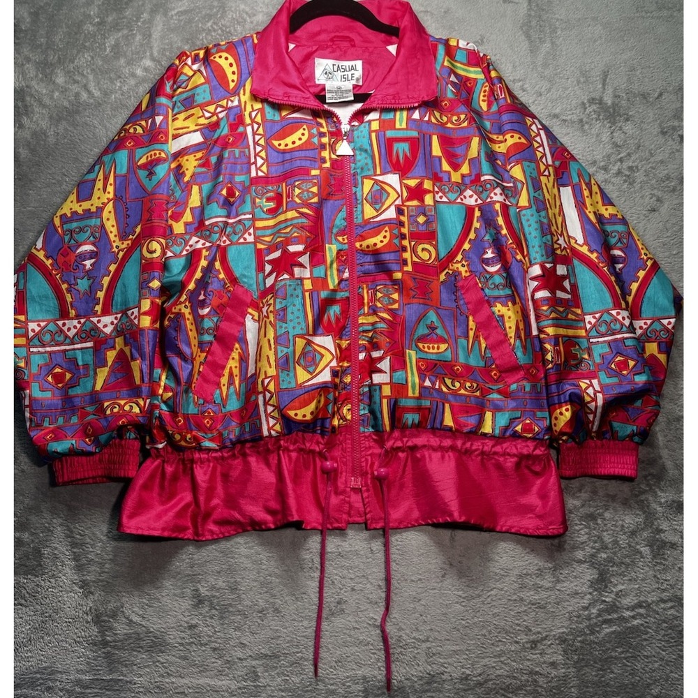 Vintage Casual Isle Colorful‎ Full Zip Peplum 80's Windbreaker Women's Medium